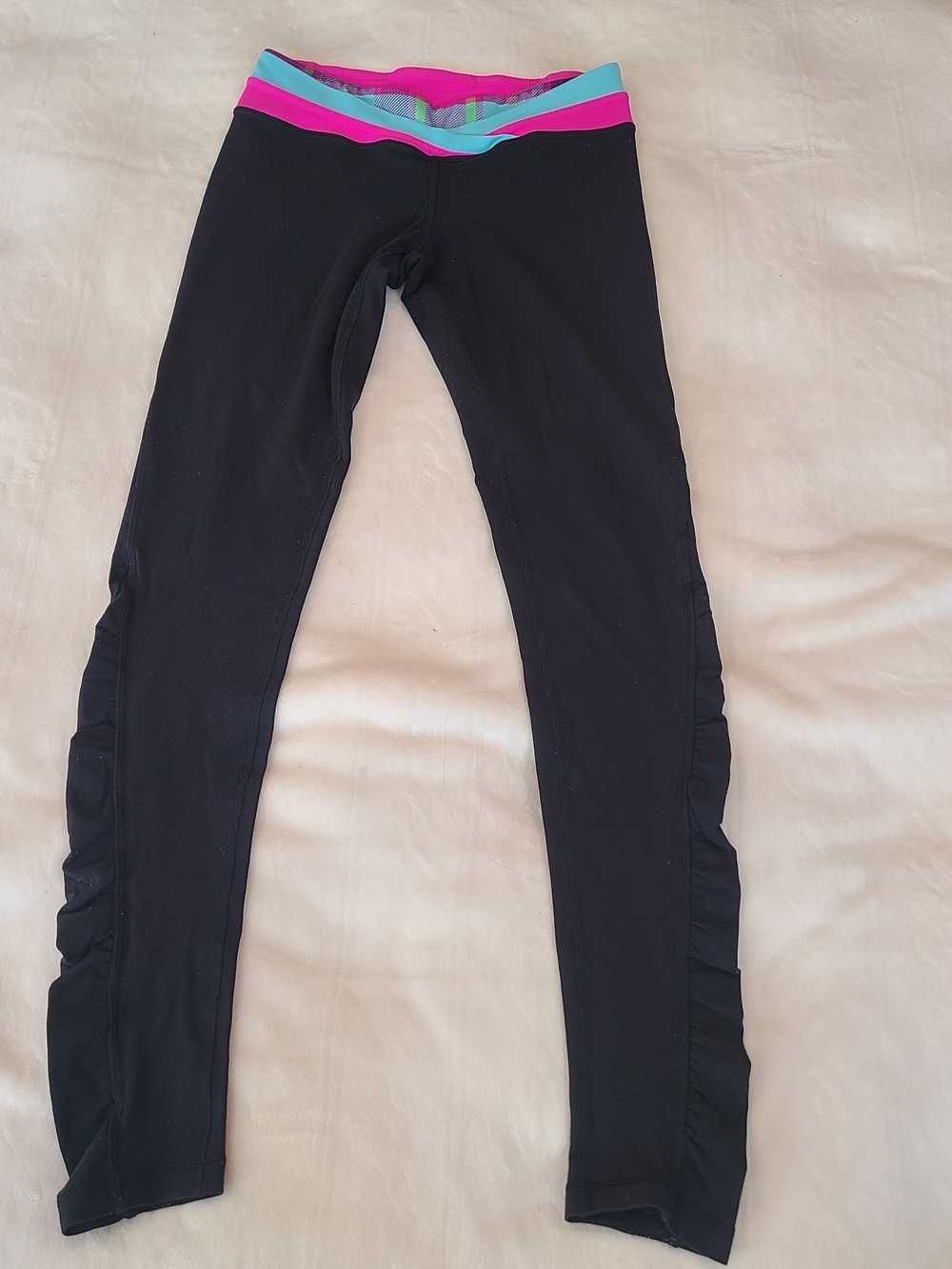 Girls' Black Leggings with Pink and Teal Waistband